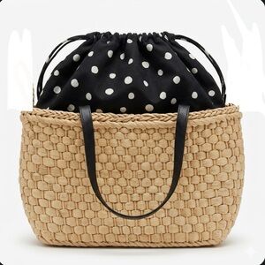 Woven Corn Husk Straw Tote Bag Boho Coastal Basket Polka Dot Drawstring